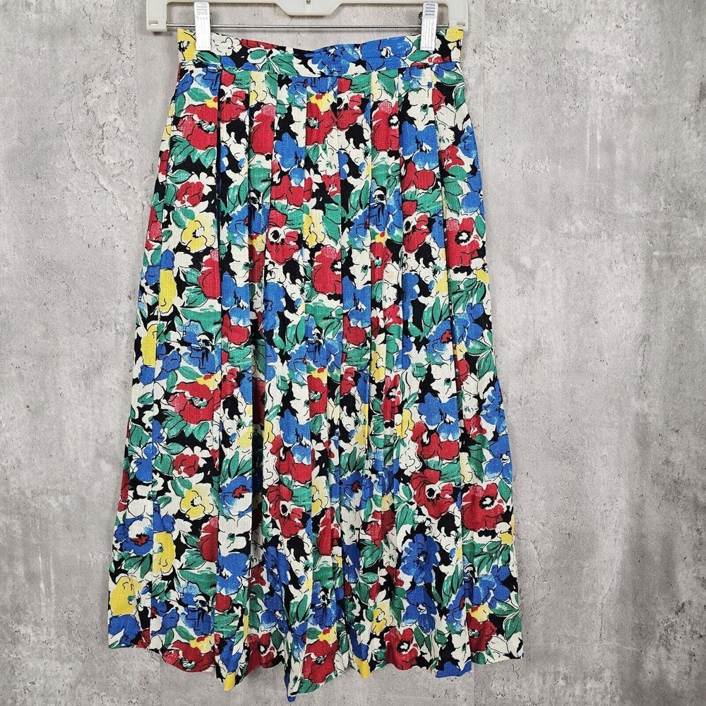 Vintage 80s Worthington Petite S Floral Pleated Midi Skirt Rayon Made‎ USA - Picture 7 of 10